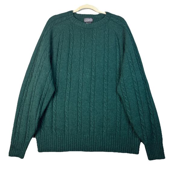 VTG Shetland Wool Cable Knit Men’s XL Sweater Fisherman Emerald Green Holiday - Picture 1 of 7